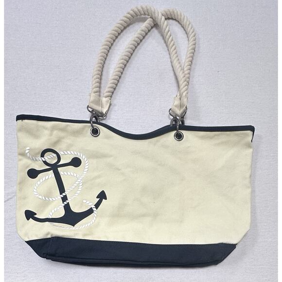 Thirty-One Handbags - Thirty One Canvas Crew Anchor Tote Bag Double Handle Navy Blue & Cream 31 EUC